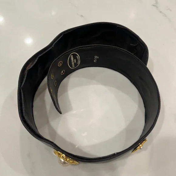 Edouard Rambaud Paris Vintage Black leather belt w/ Gold / Pearl Medallions, Edouard Rambaud Paris Vintage Black leather belt w/ Gold  main image 3